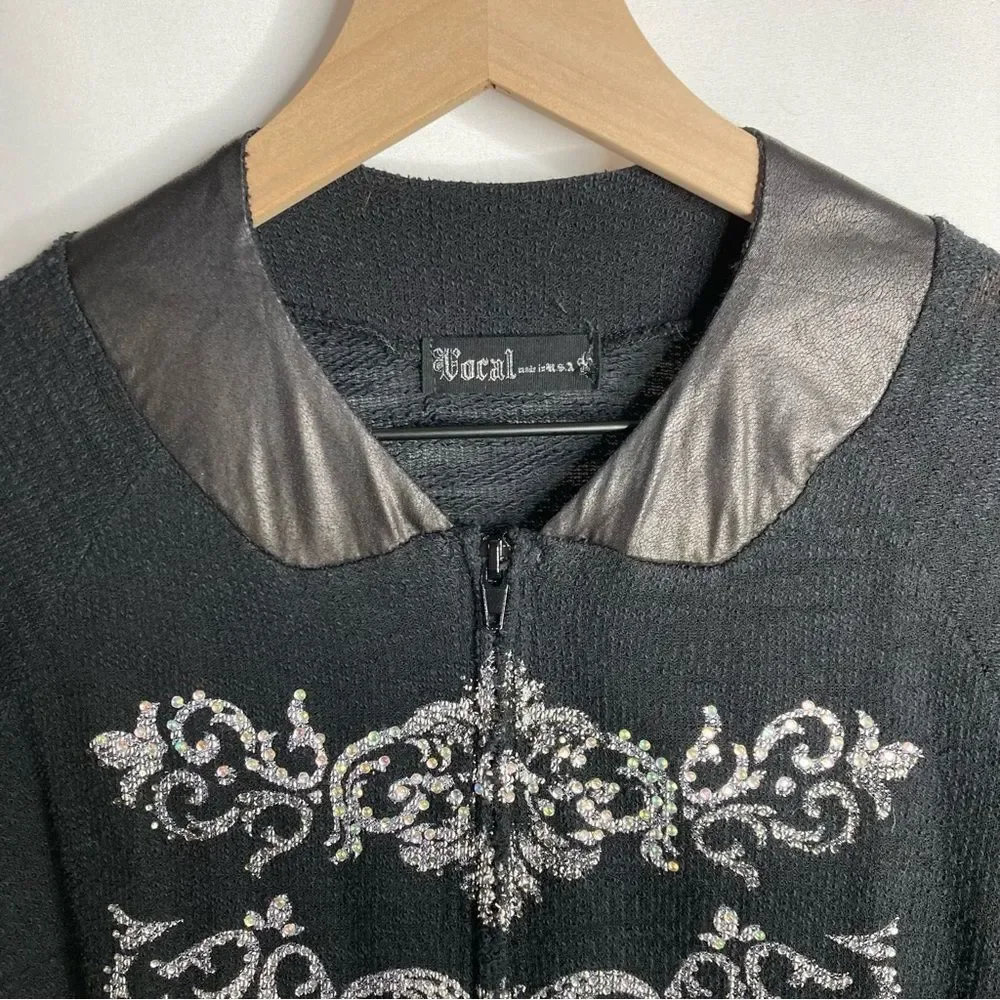 Vocal Black Rhinestone Embellished Zip Up Lightweight Cardigan Top Medium Y2K